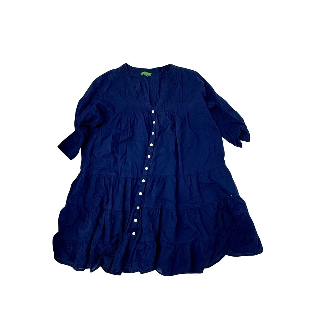 J.Crew Womens XL Navy Blue Cotton Tiered Button Front Mini Dress 3/4 Sleeve